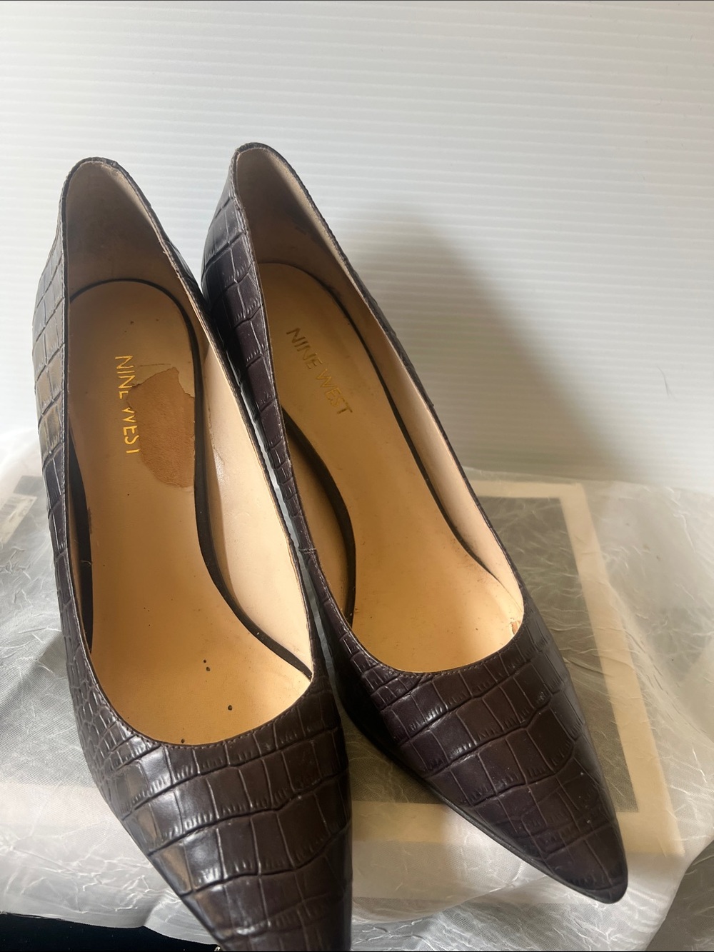 Nine West Croc-Embossed Pointed-Toe Pumps in Dark Brown